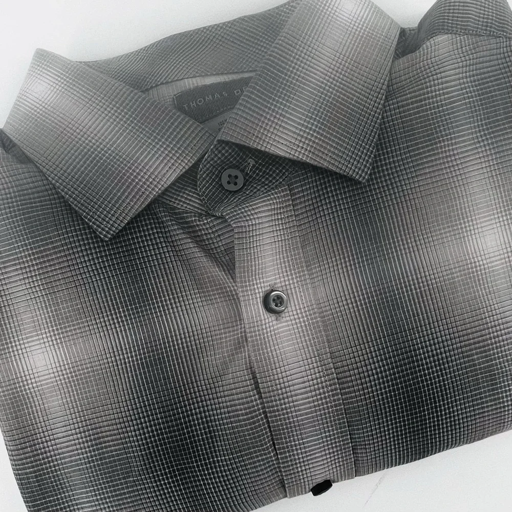 Thomas Dean Men's Shirt L Black Gray Gradient Plaid Long Sleeve Button Front‎